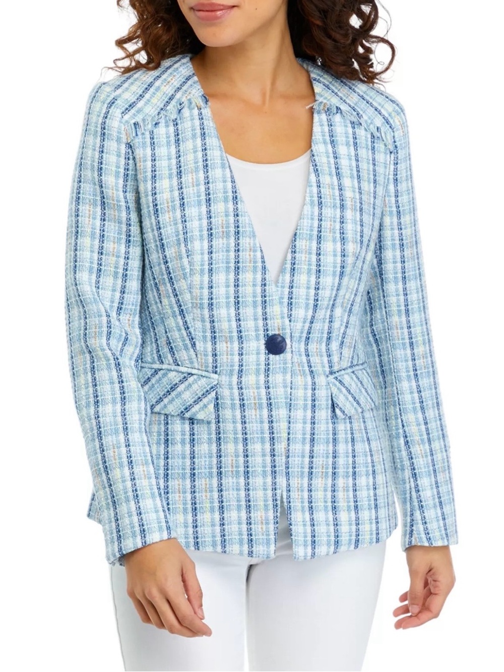 Tahari Light Blue Plaid Tweed Blazer Jacket